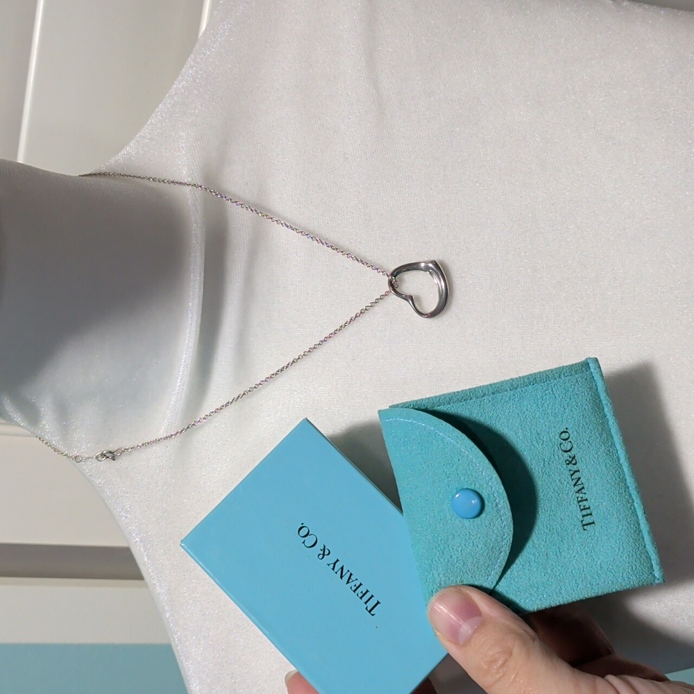 Tiffany & Co. Elsa Peretti Open Big Heart 925 Sterling Necklace Jewelry Bag Box